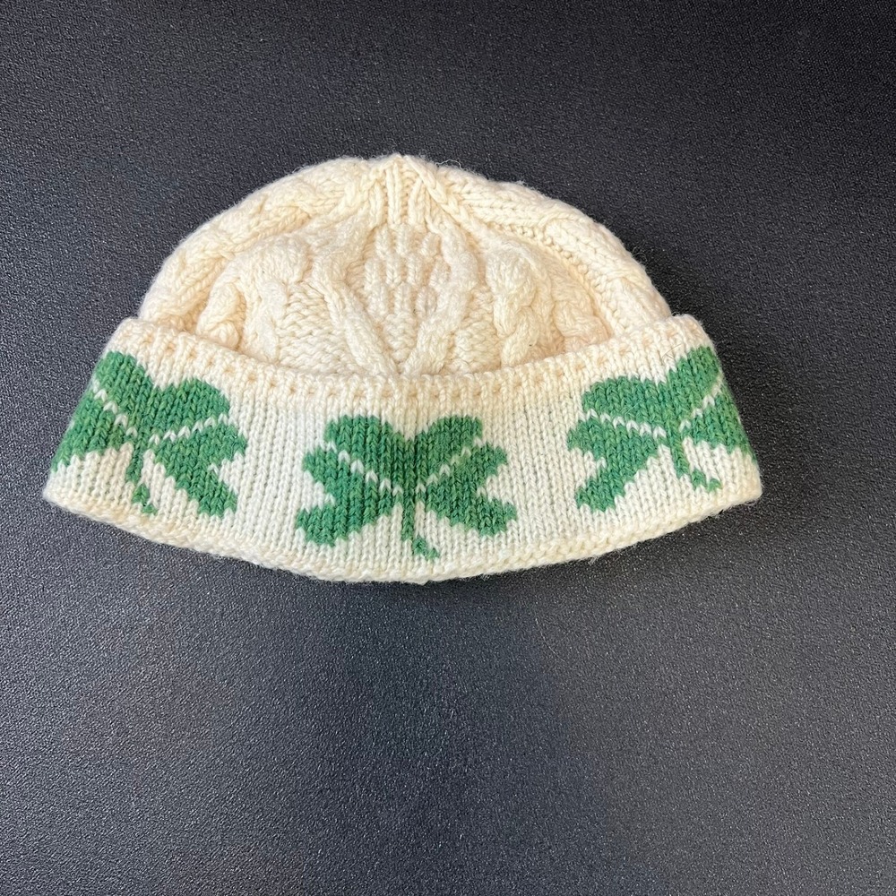 Carraig Donn Kids Shamrock Beanie 100% Merino Wool Made in Ireland Cream Green